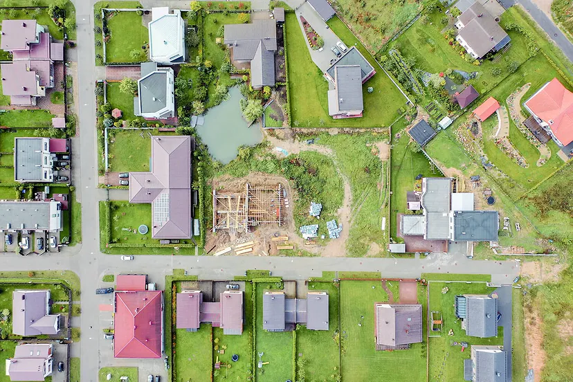 Village houses and plots, view straight from above