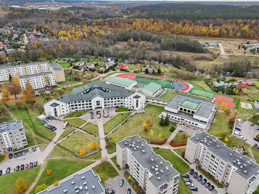 The high school and its surroundings from high up in the fall