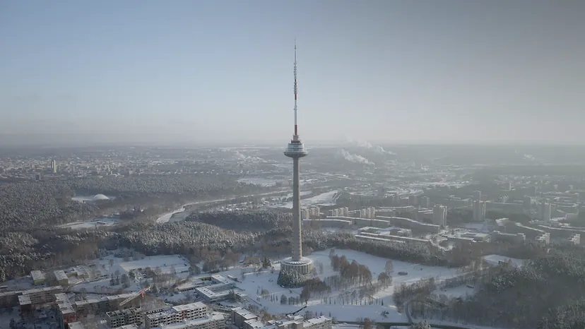 The Vilnius TV tower in winter, filmed by drone