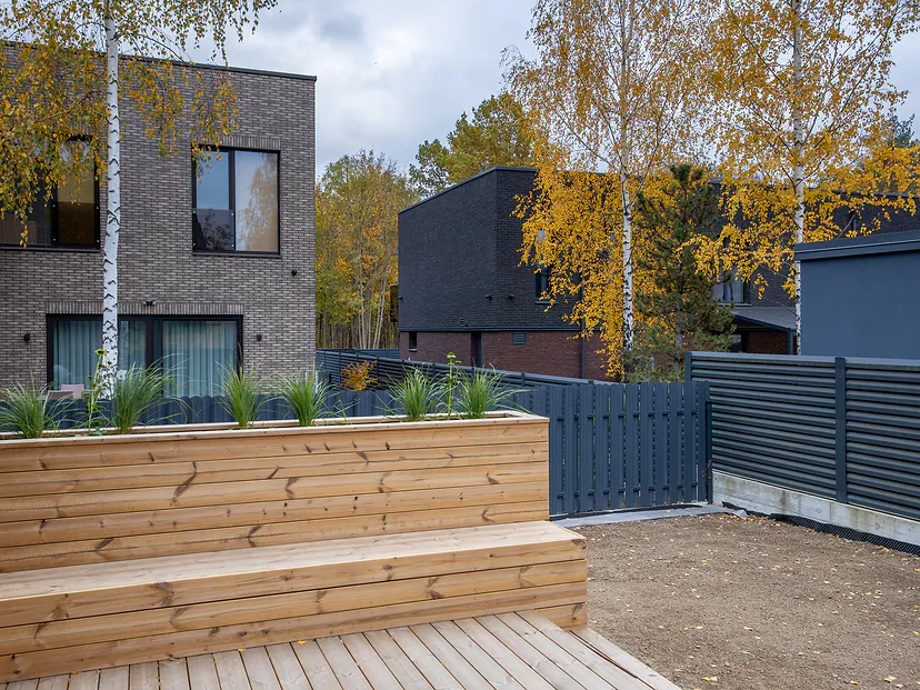 Terrace with wooden raised beds