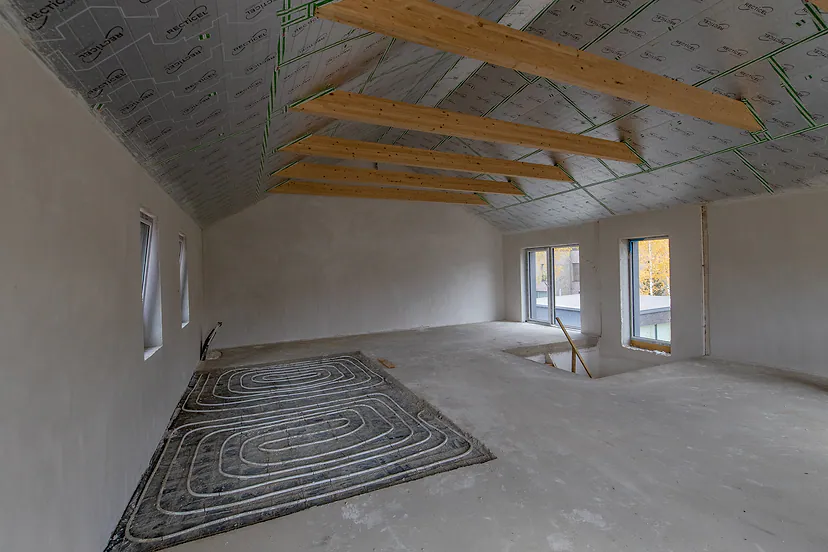 Attic floor with wooden beams
