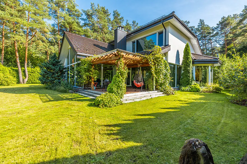 House with a pergola covered in greenery and a lawn among the pines