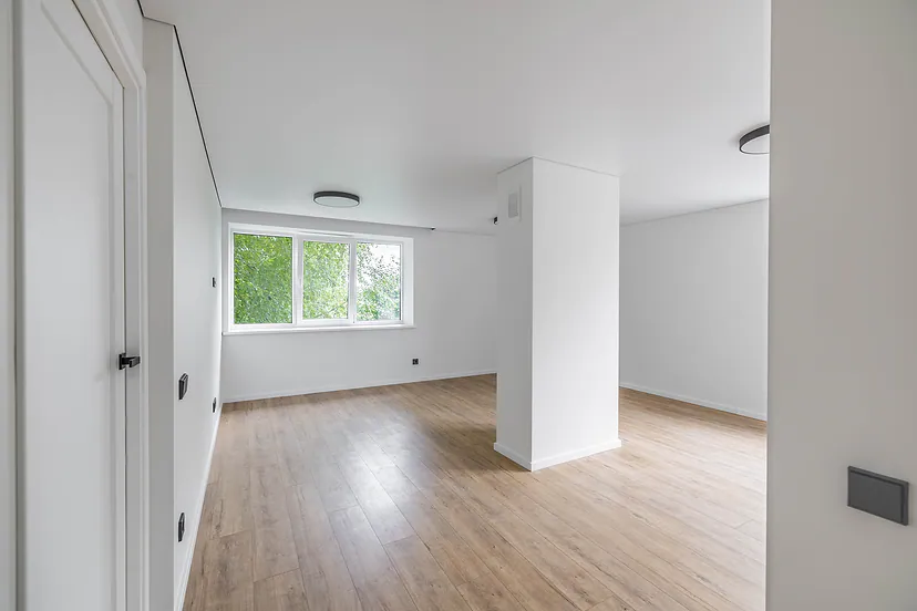 Newly renovated empty room with laminate floors and a window facing the trees