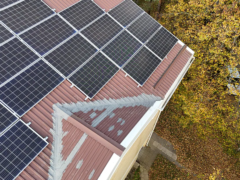 Solar panels on a roof up close, drone inspection