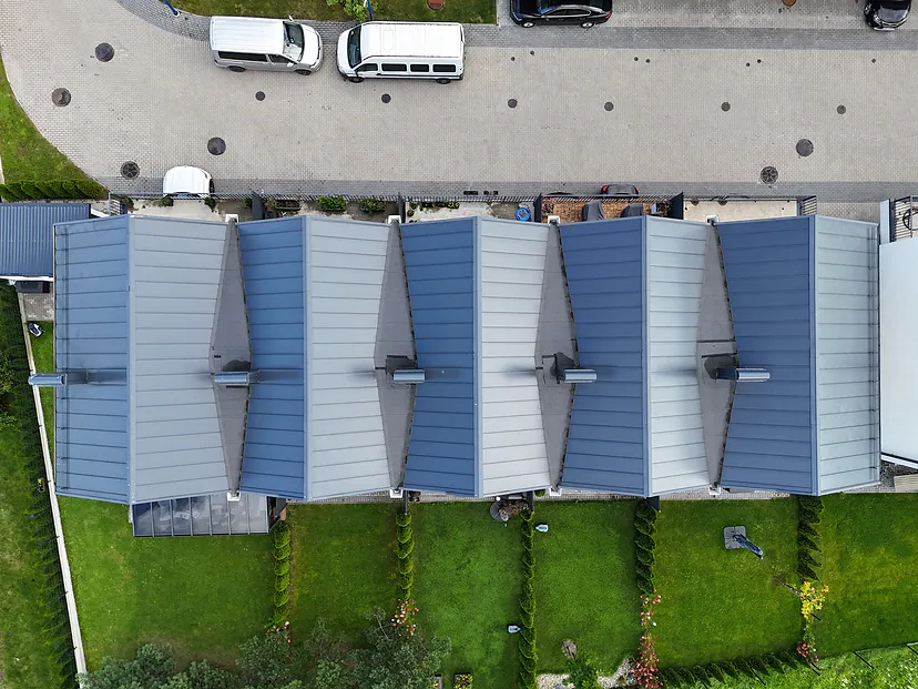 Roofs of a row of townhouses, view straight from above
