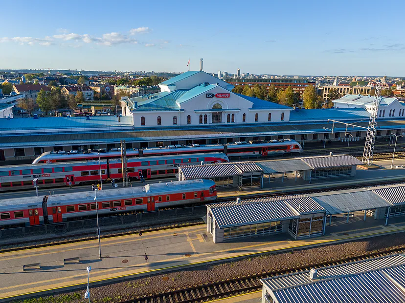 Vilnius railway station and trains on a sunny evening