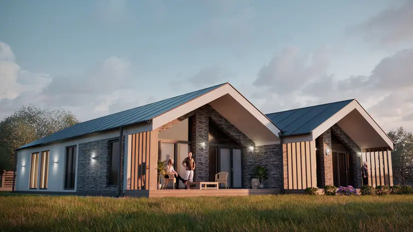 Single-story house with two pitched roofs in the evening, visualization