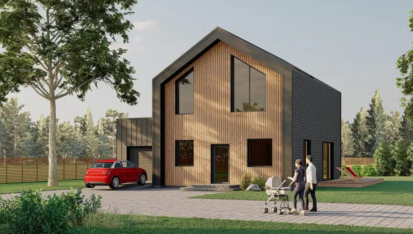 Wood-clad house with a family in the yard, visualization