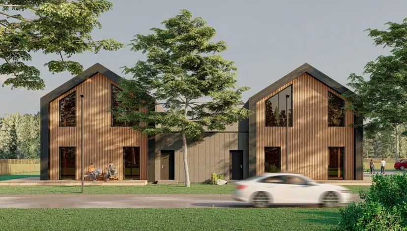Two wood-clad houses by a street, visualization