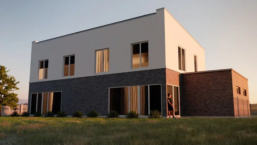 Two-story house in the sunset light, visualization