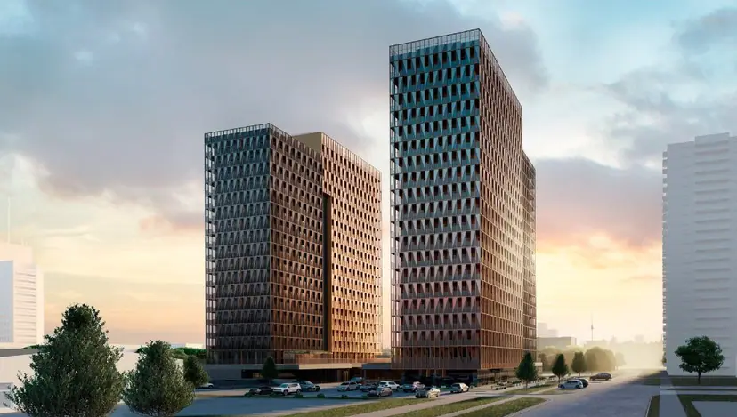 Two multi-story buildings at sunset, visualization