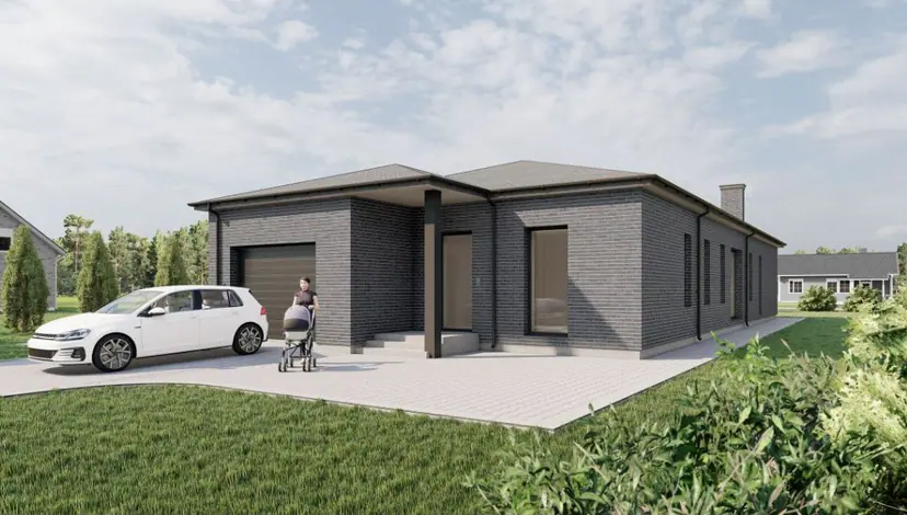 Single-story brick house with a garage, visualization