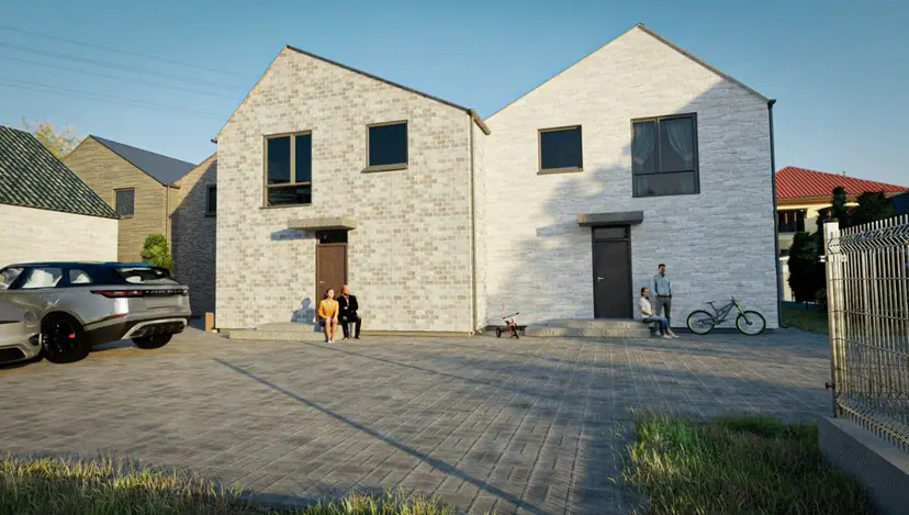 Light brick duplex and yard, visualization