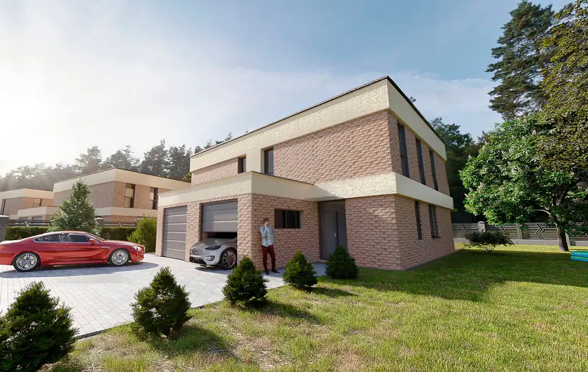 Visualization of the same house from the front, a car by the garage