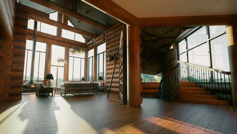 Living room of a log house with stairs and large windows, visualization