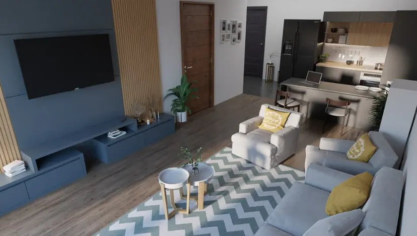 Bright living room with a gray sofa and a patterned rug, visualization