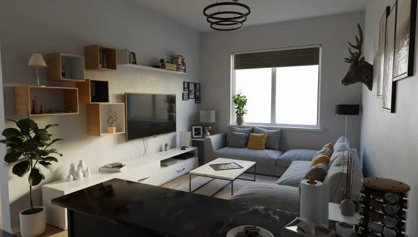 Living room with shelves and a TV, visualization