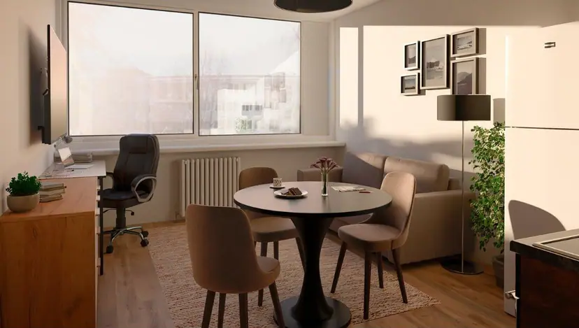 Small apartment with a dining table and a workspace, visualization