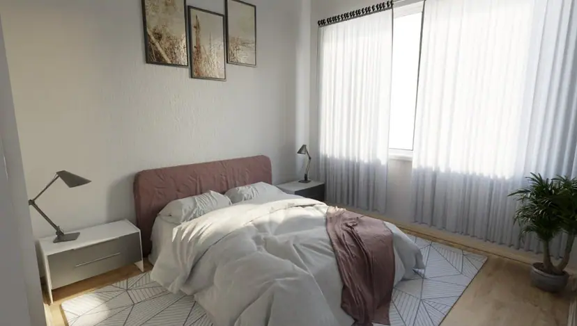 Bedroom with a pale pink bed, visualization