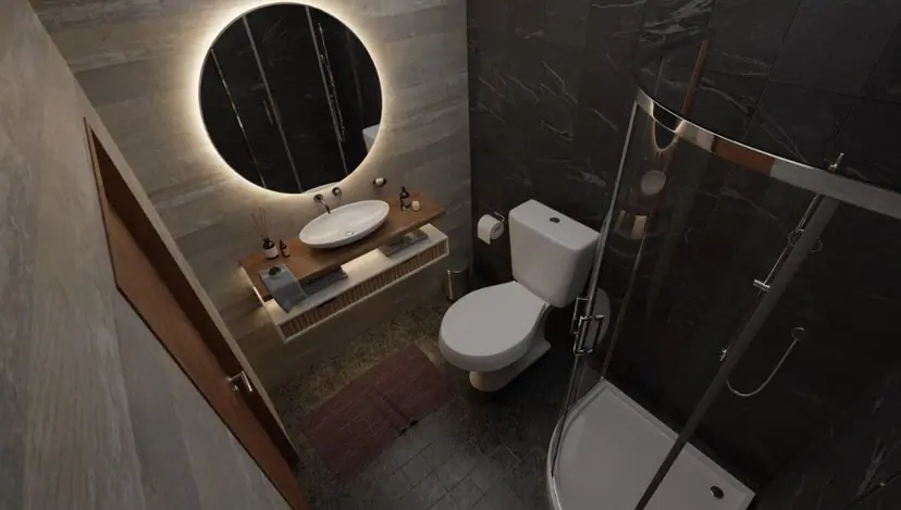 Dark bathroom with a round mirror, visualization