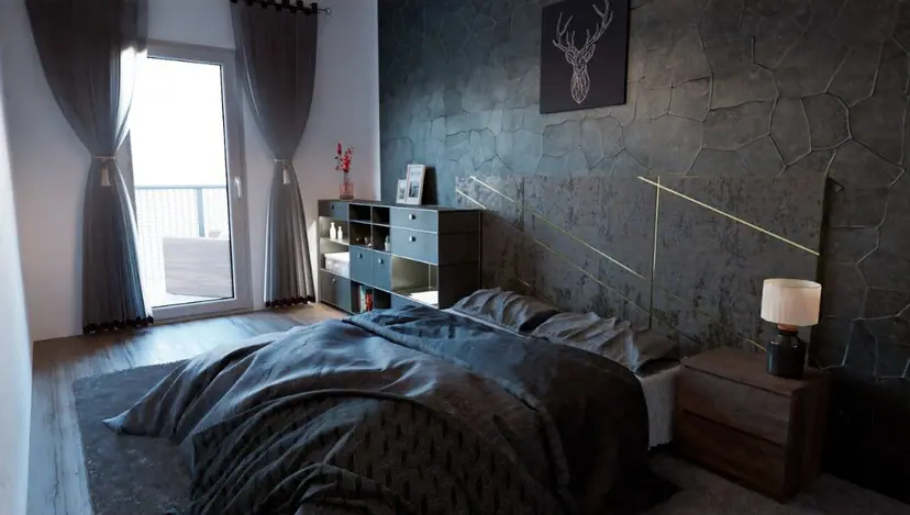 Bedroom with dark walls, visualization